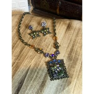 Vintage Enamel Floral Necklace & Butterfly Dangle Earrings Crystal Rhinestone